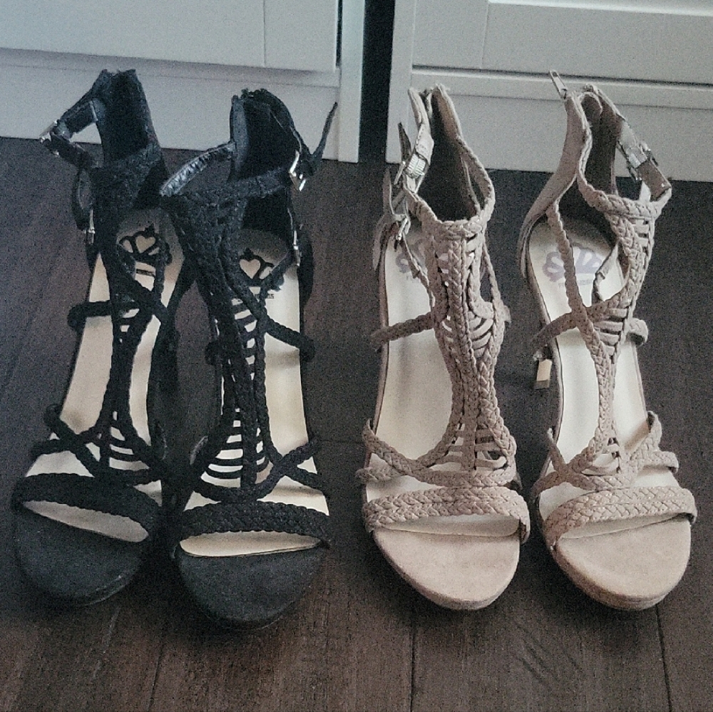 Fergalicious Black and Tan Strappy Heels